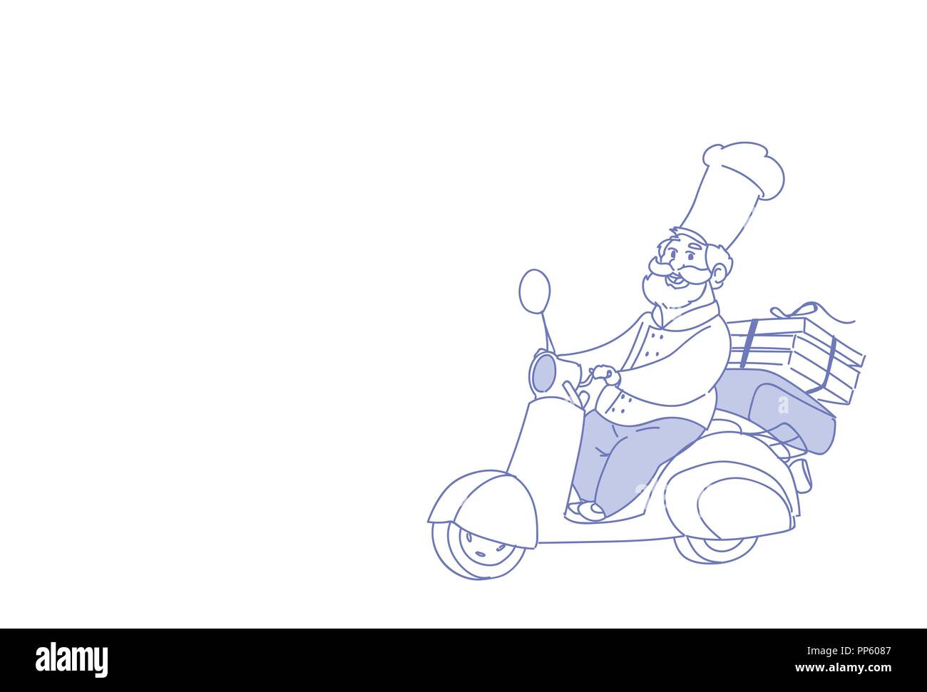 chef cook riding electric scooter pizza fast food delivery concept vintage motorcycle sketch doodle horizontal Stock Vector