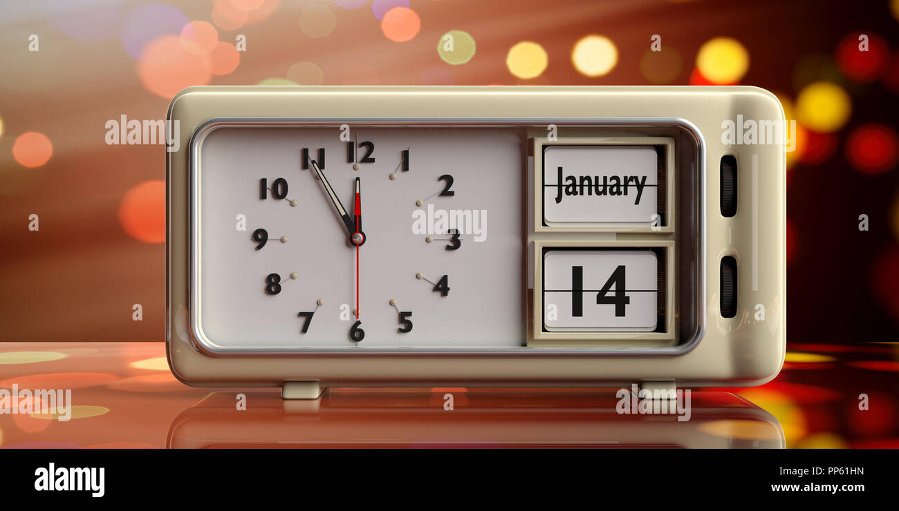 Old new year's day. January 14th, new year day by the Julian calendar on a alarm clock, on festive, bokeh background. 3d illustration Stock Photo