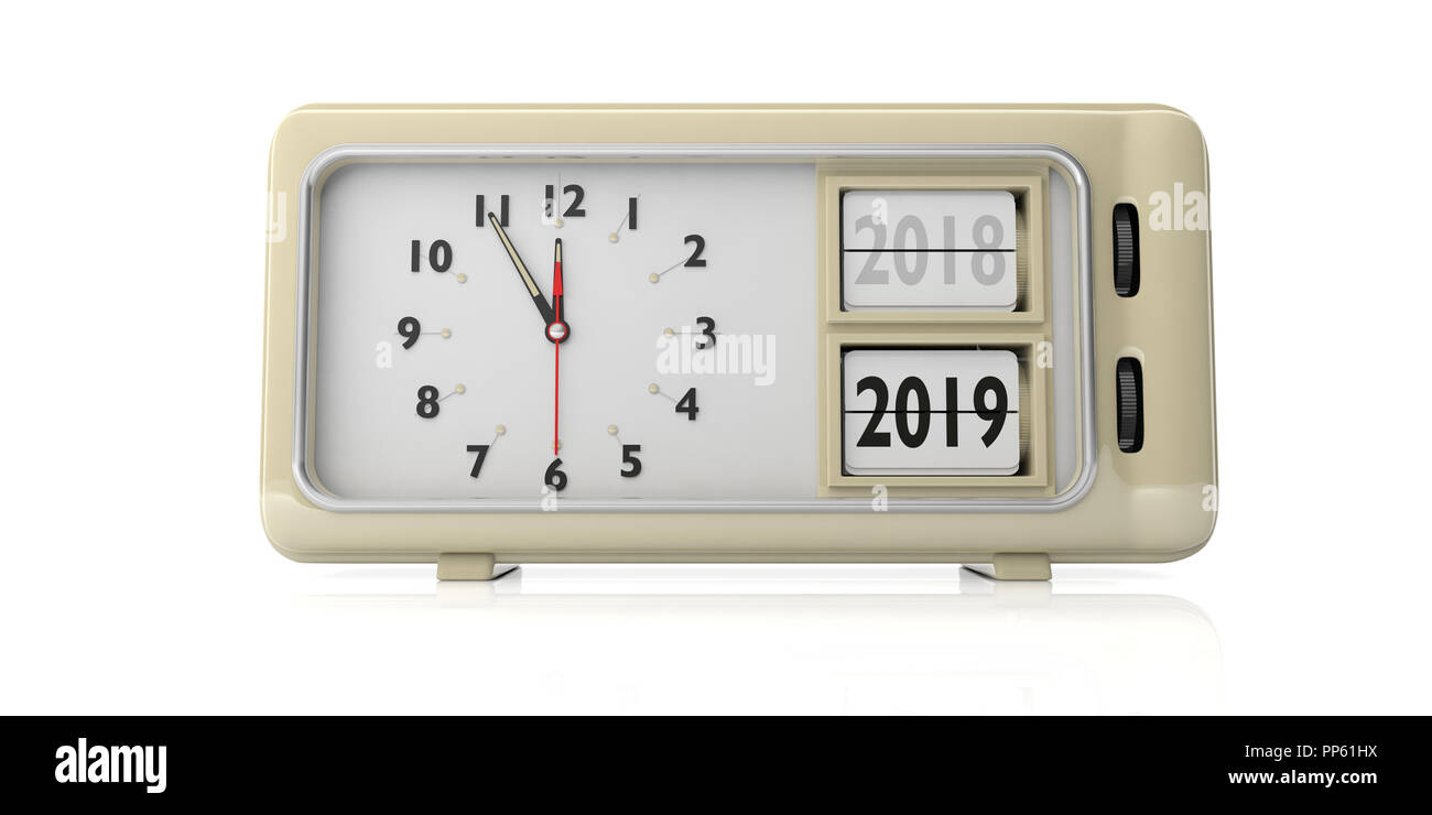 New year change. Retro alarm clock, year change from 2018 to 2019, midnight, isolated on white background. 3d illustration Stock Photo