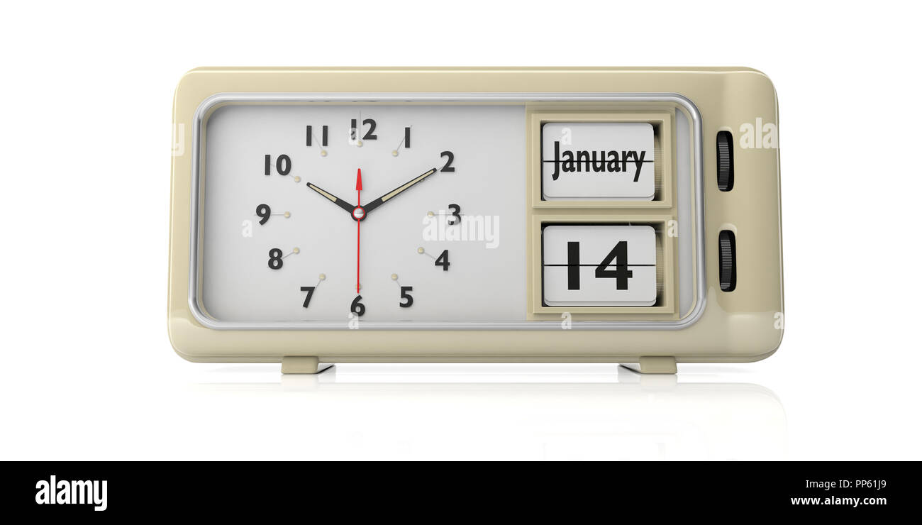 Old new year's day. January 14th, new year day by the Julian calendar on a alarm clock, isolated on white background. 3d illustration Stock Photo