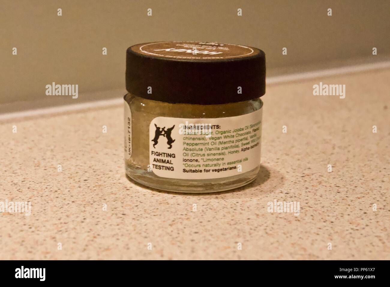 Lush honey lip scrub with has fighting animal testing on its packaging Stock Photo Alamy