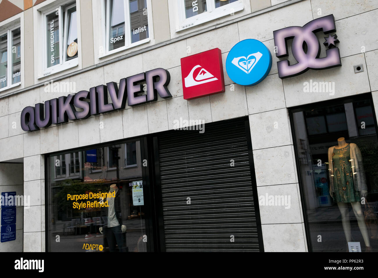 A logo sign outside of a Boardriders, Inc., Quicksilver retail store in Munich, Germany, on September 2, 2018. Stock Photo