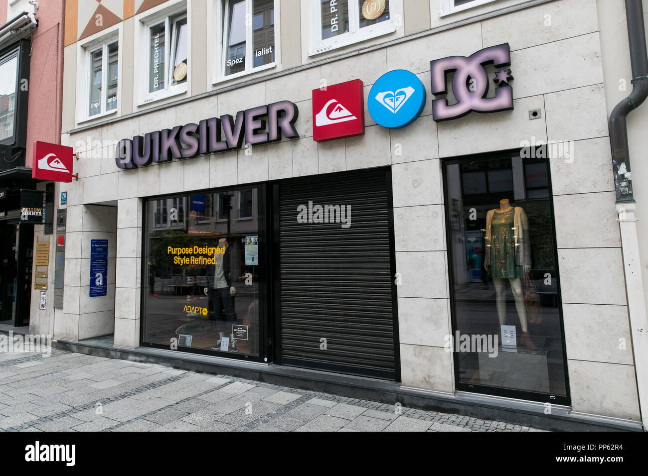 A logo sign outside of a Boardriders, Inc., Quicksilver retail store in Munich, Germany, on September 2, 2018. Stock Photo