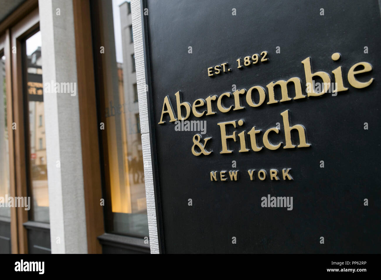 A logo sign outside of a Abercrombie & Fitch retail store in Munich, Germany, on September 2, 2018. Stock Photo
