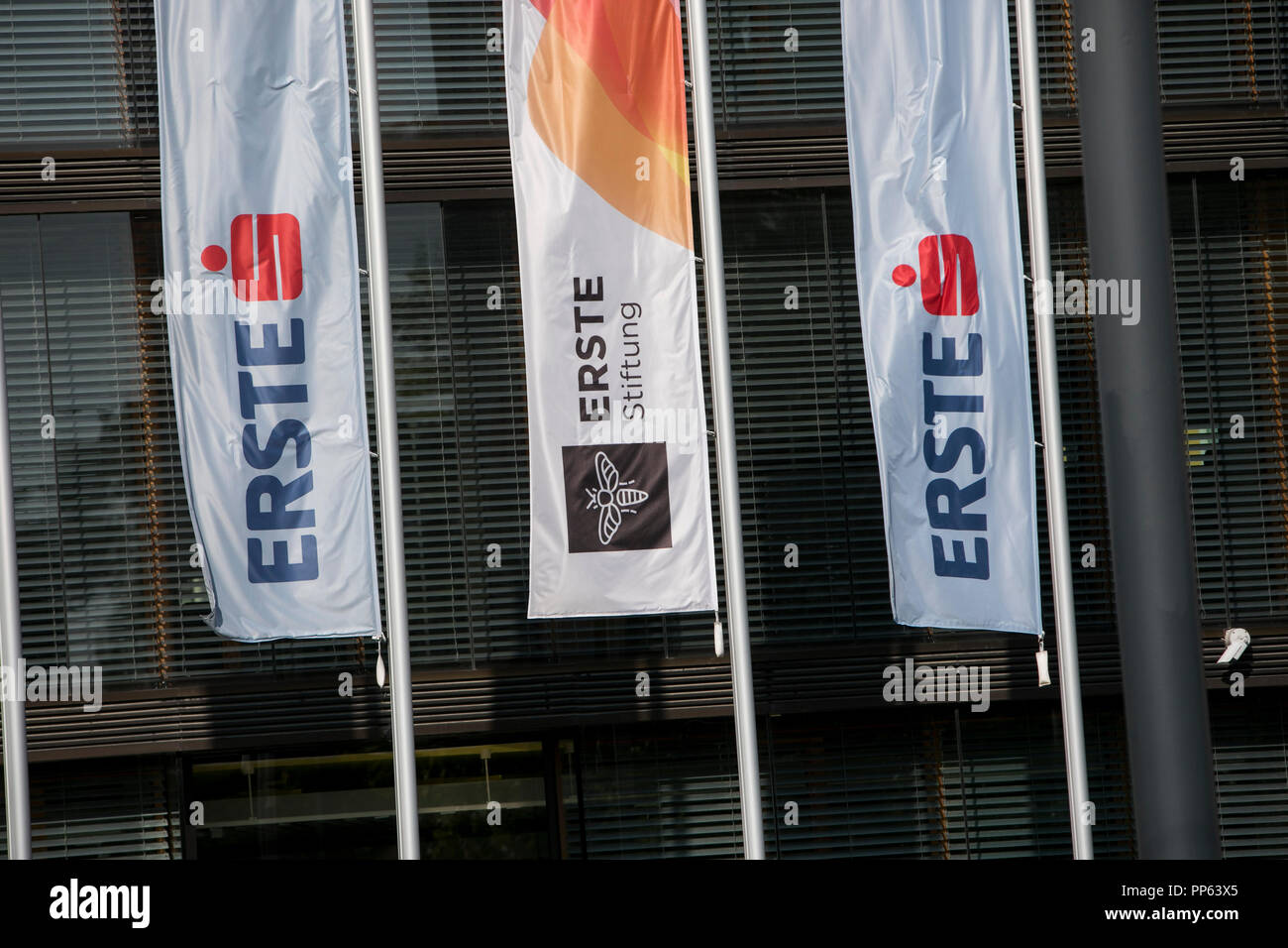 A logo sign outside of the headquarters of the Erste Group Bank and ERSTE Foundation (ERSTE Stiftung) in Vienna, Austria, on September 6, 2018. Stock Photo