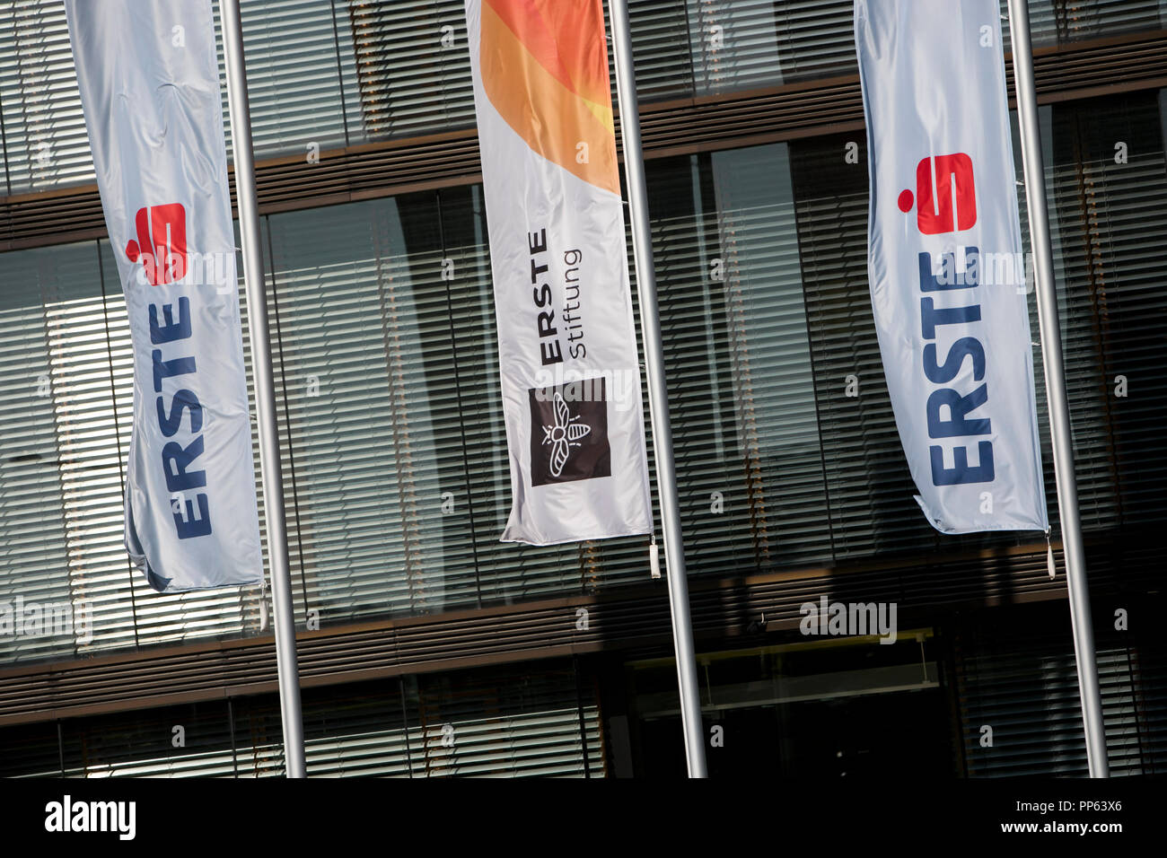 A logo sign outside of the headquarters of the Erste Group Bank and ERSTE Foundation (ERSTE Stiftung) in Vienna, Austria, on September 6, 2018. Stock Photo