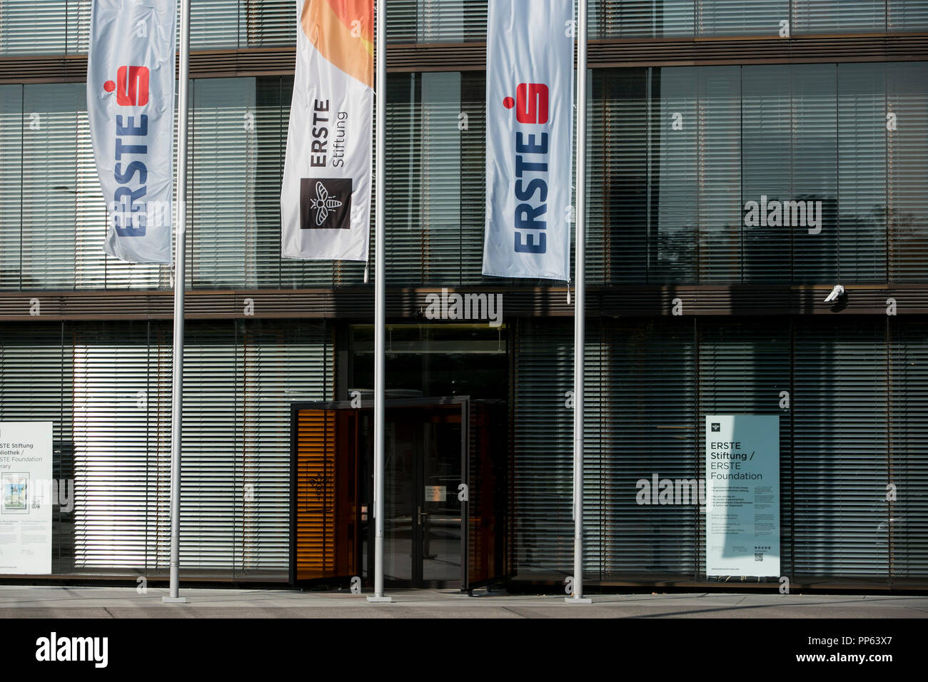 A logo sign outside of the headquarters of the Erste Group Bank and ERSTE Foundation (ERSTE Stiftung) in Vienna, Austria, on September 6, 2018. Stock Photo