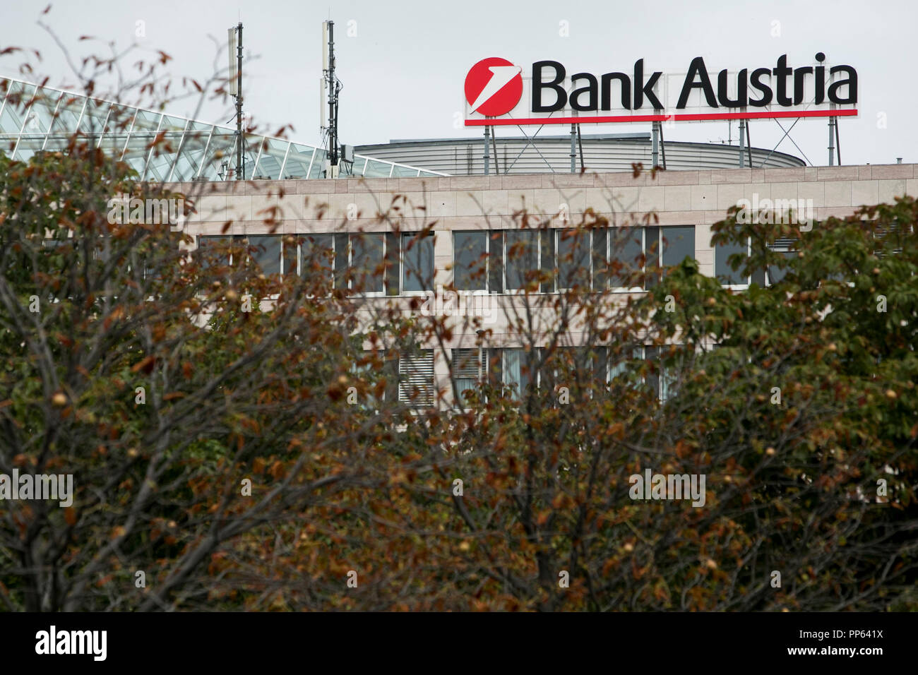 A logo sign outside of a facility occupied by UniCredit Bank Austria in Vienna, Austria, on September 4, 2018. Stock Photo