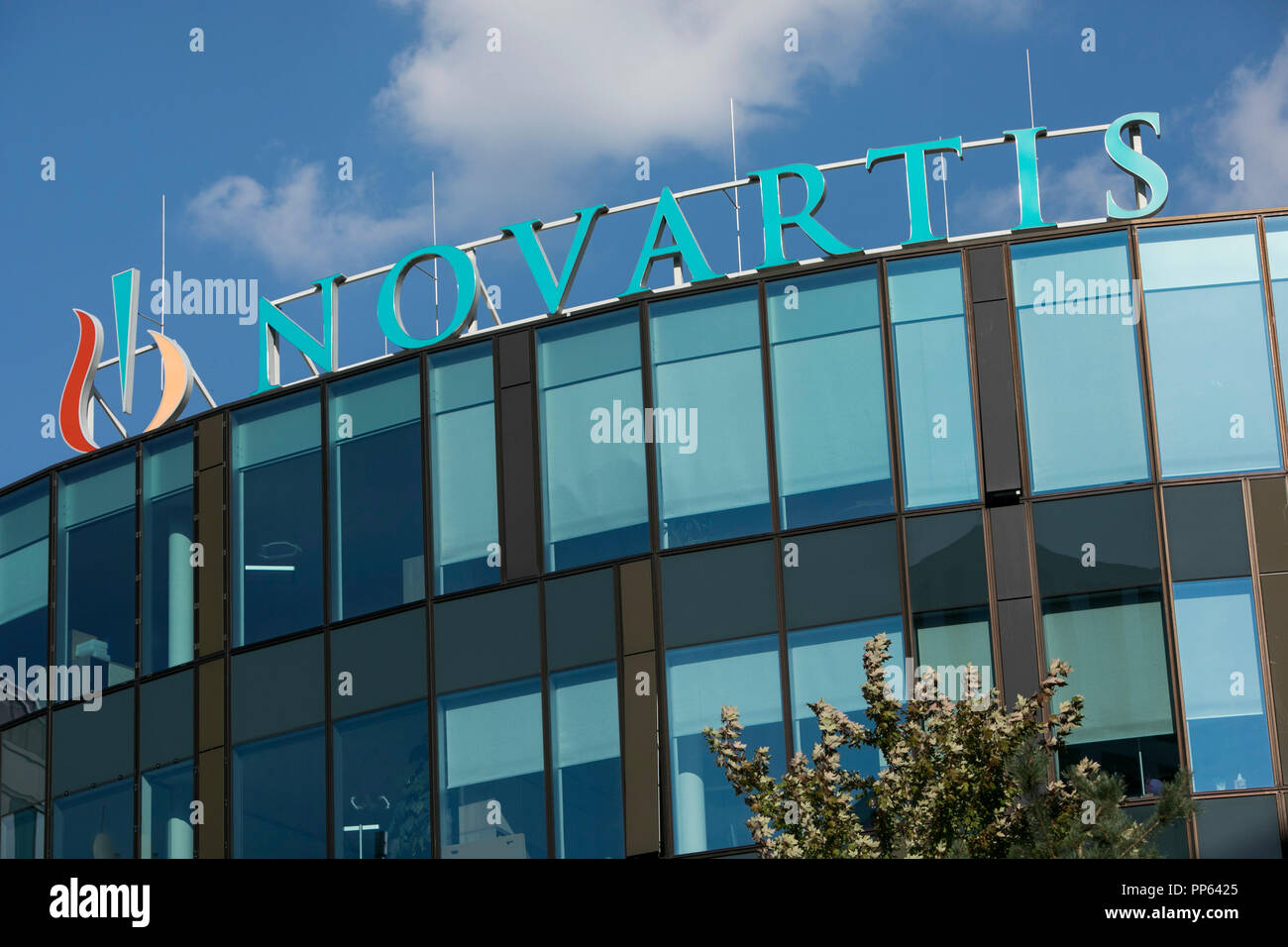 A logo sign outside of a facility occupied by Novartis in Vienna, Austria, on September 5, 2018. Stock Photo