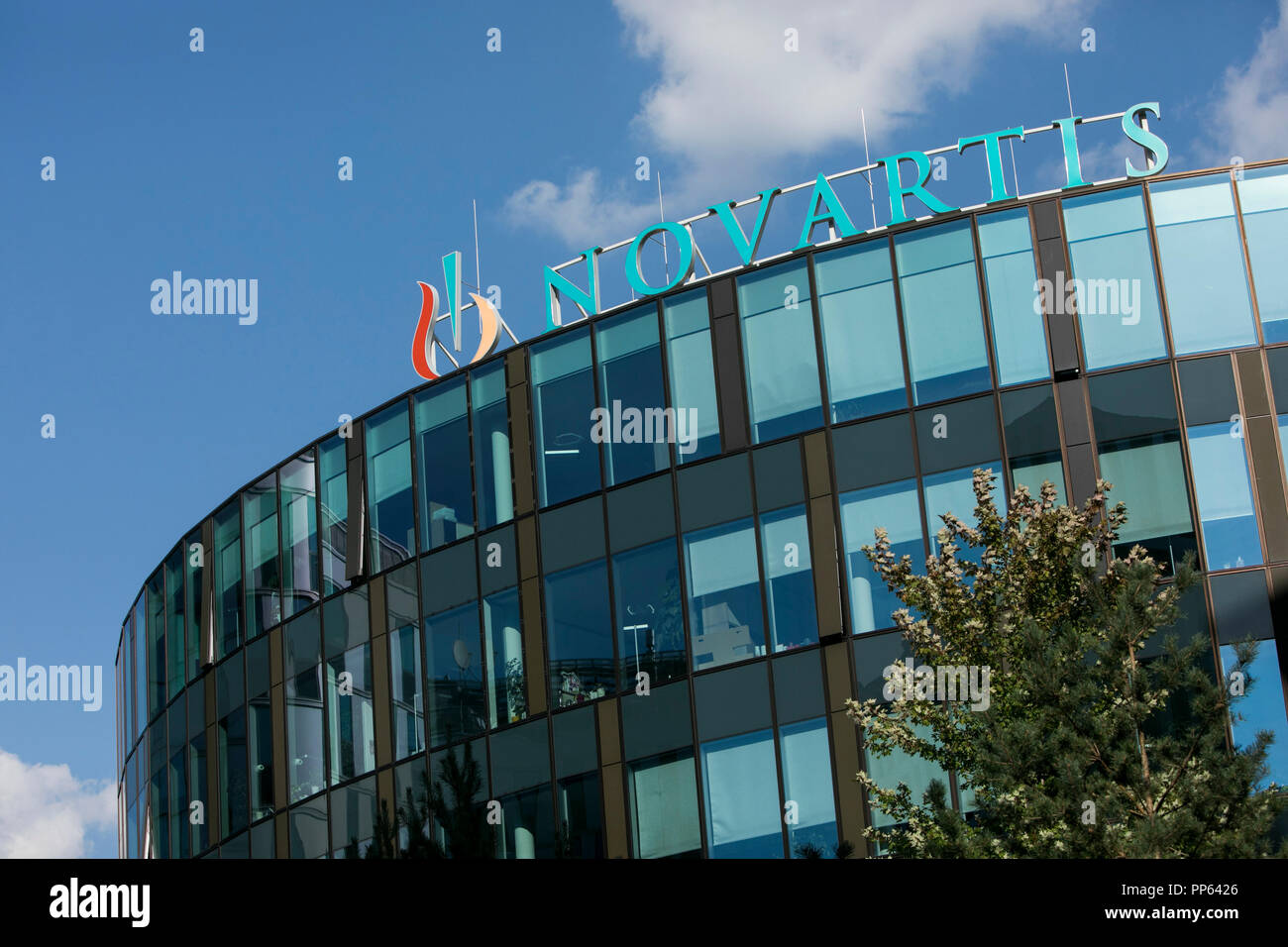 A logo sign outside of a facility occupied by Novartis in Vienna, Austria, on September 5, 2018. Stock Photo