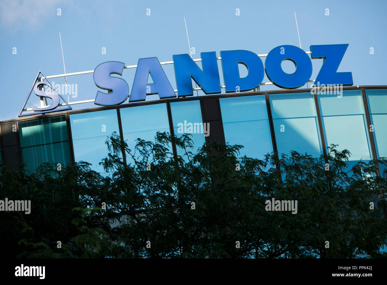 A logo sign outside of a facility occupied by Sandoz in Vienna, Austria, on September 5, 2018. Stock Photo