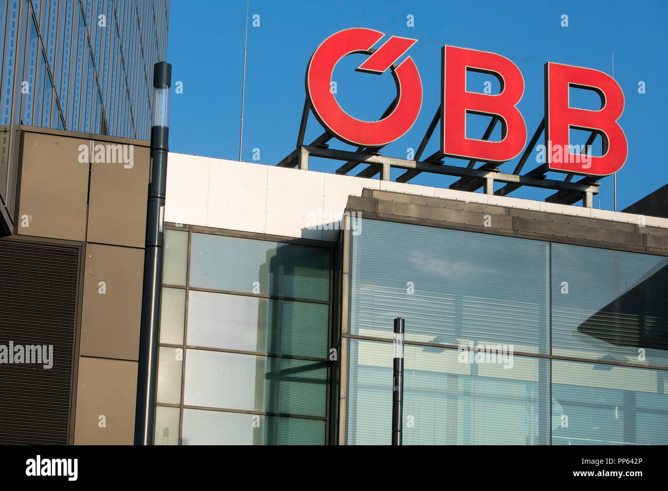 A logo sign outside of a OBB (Austrian Federal Railways) station in Vienna, Austria, on September 5, 2018. Stock Photo