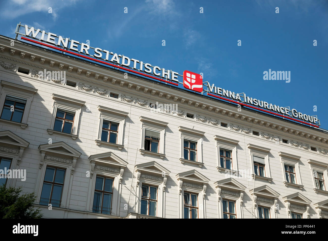 A logo sign outside of a facility occupied by Vienna Insurance Group AG (Wiener Versicherung Gruppe) in Vienna, Austria, on September 6, 2018. Stock Photo