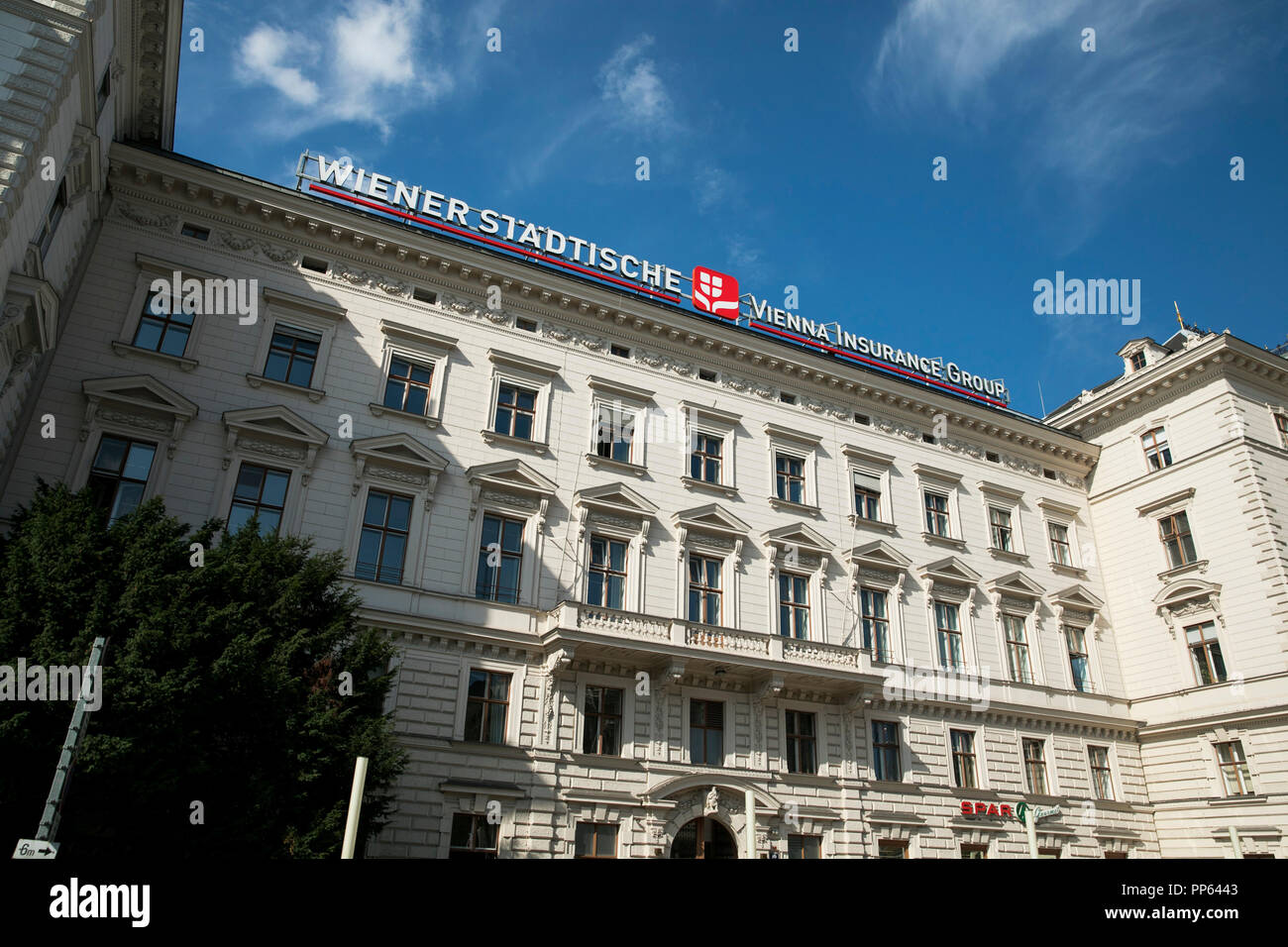 A logo sign outside of a facility occupied by Vienna Insurance Group AG (Wiener Versicherung Gruppe) in Vienna, Austria, on September 6, 2018. Stock Photo