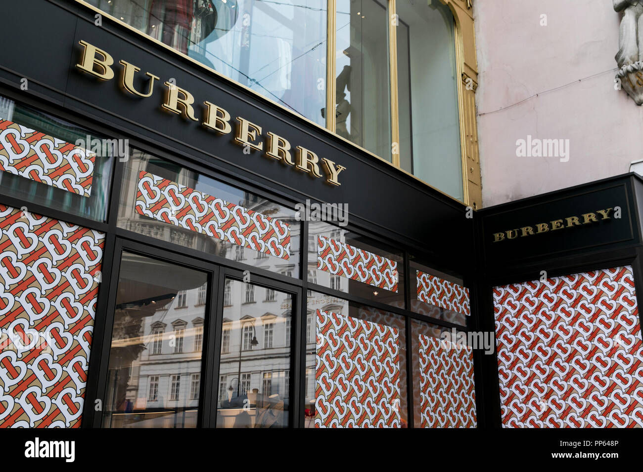 A logo sign outside of a Burberry Group retail store in Vienna, Austria, on September 4, 2018. Stock Photo