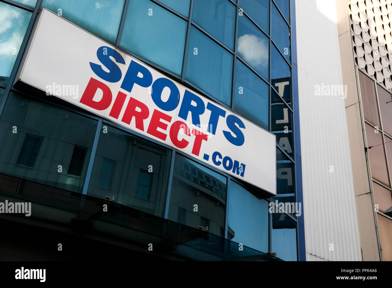 A logo sign outside of a Sports Direct International retail store in Vienna, Austria, on September 5, 2018. Stock Photo