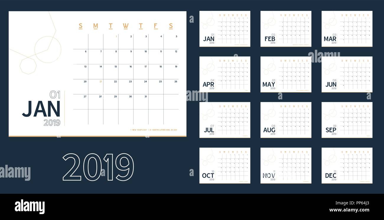 Vector of 2019 new year calendar in clean minimal blue table simple style,Holiday event planner,Week Starts Sunday.include holiday event.A5 size Stock Vector
