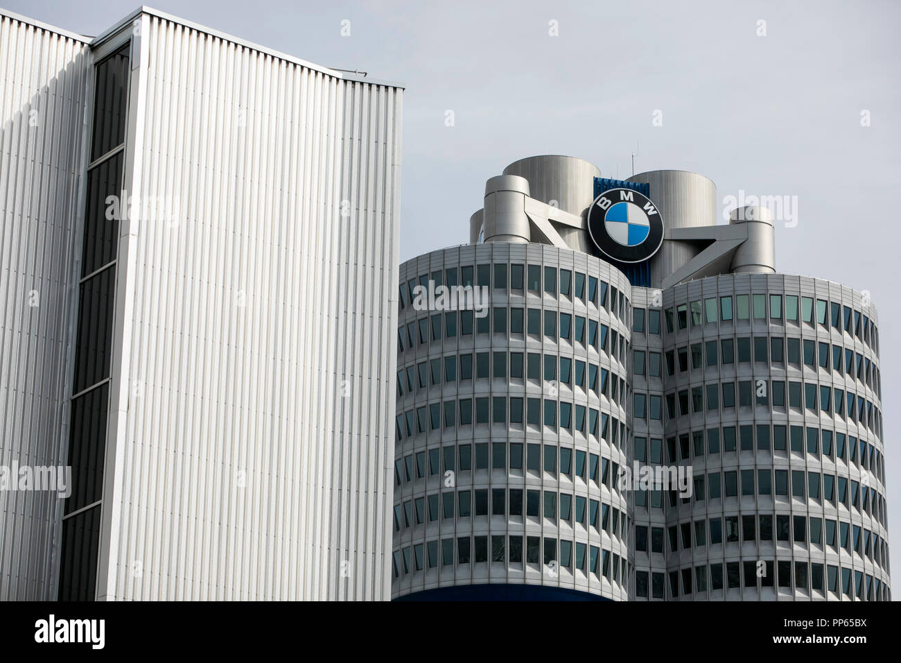 A logo sign outside of the headquarters of the BMW Group (Bayerische Motoren Werke) in Munich, Germany, on September 9, 2018. Stock Photo