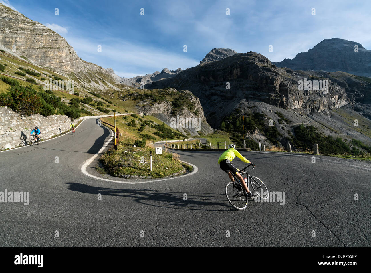 Road cycling at winding road of Stelvio Pass near Bormio, Italy, Europe, EU Stock Photo