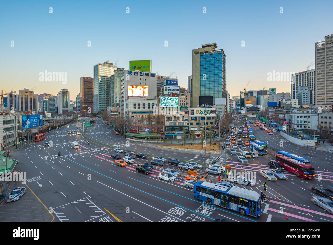 Seoul, South Korea December 12, 2017 Traffic with cityscape skyline