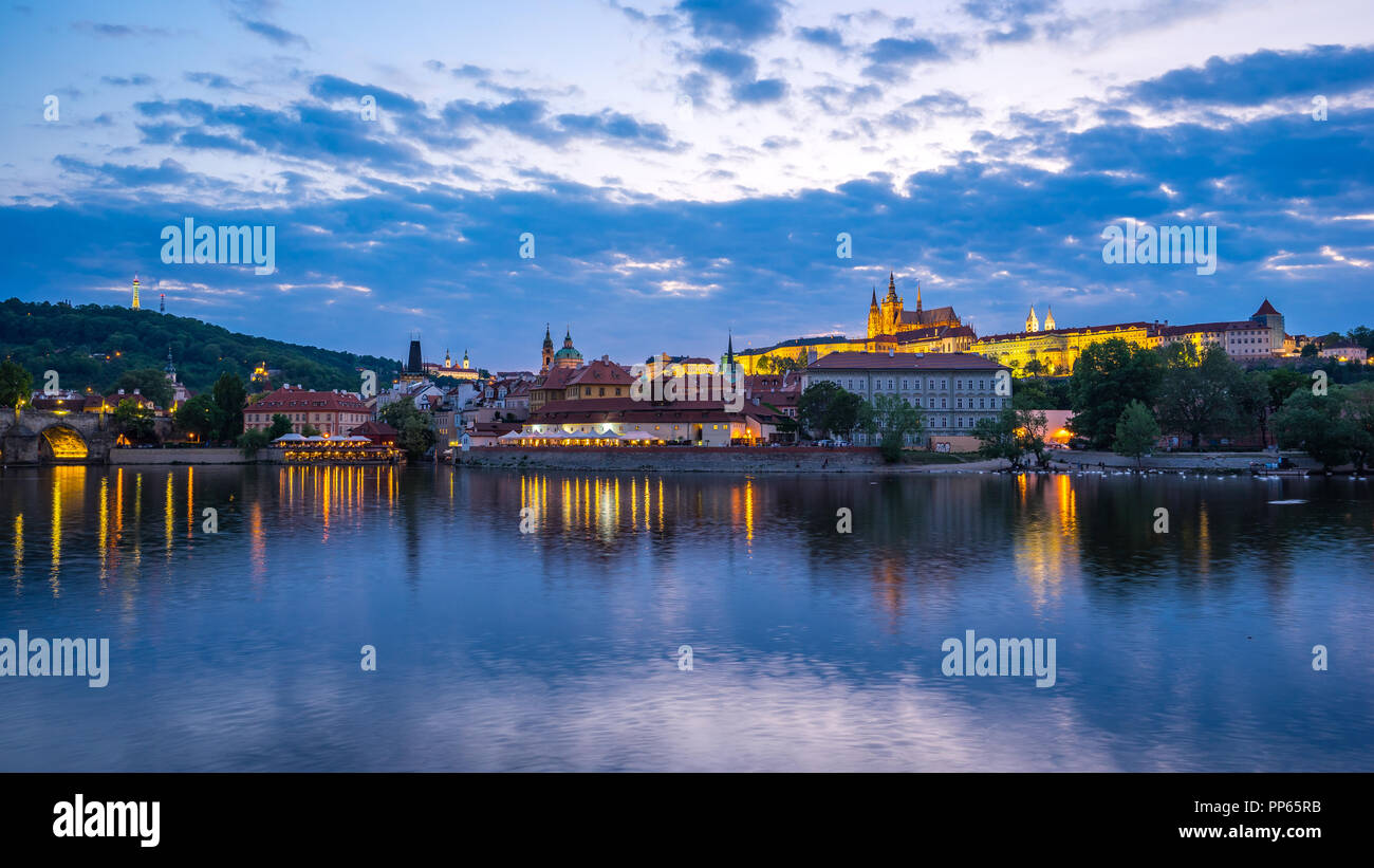 Panorama view of Prague city skyline in Czech Republic at night. Stock Photo