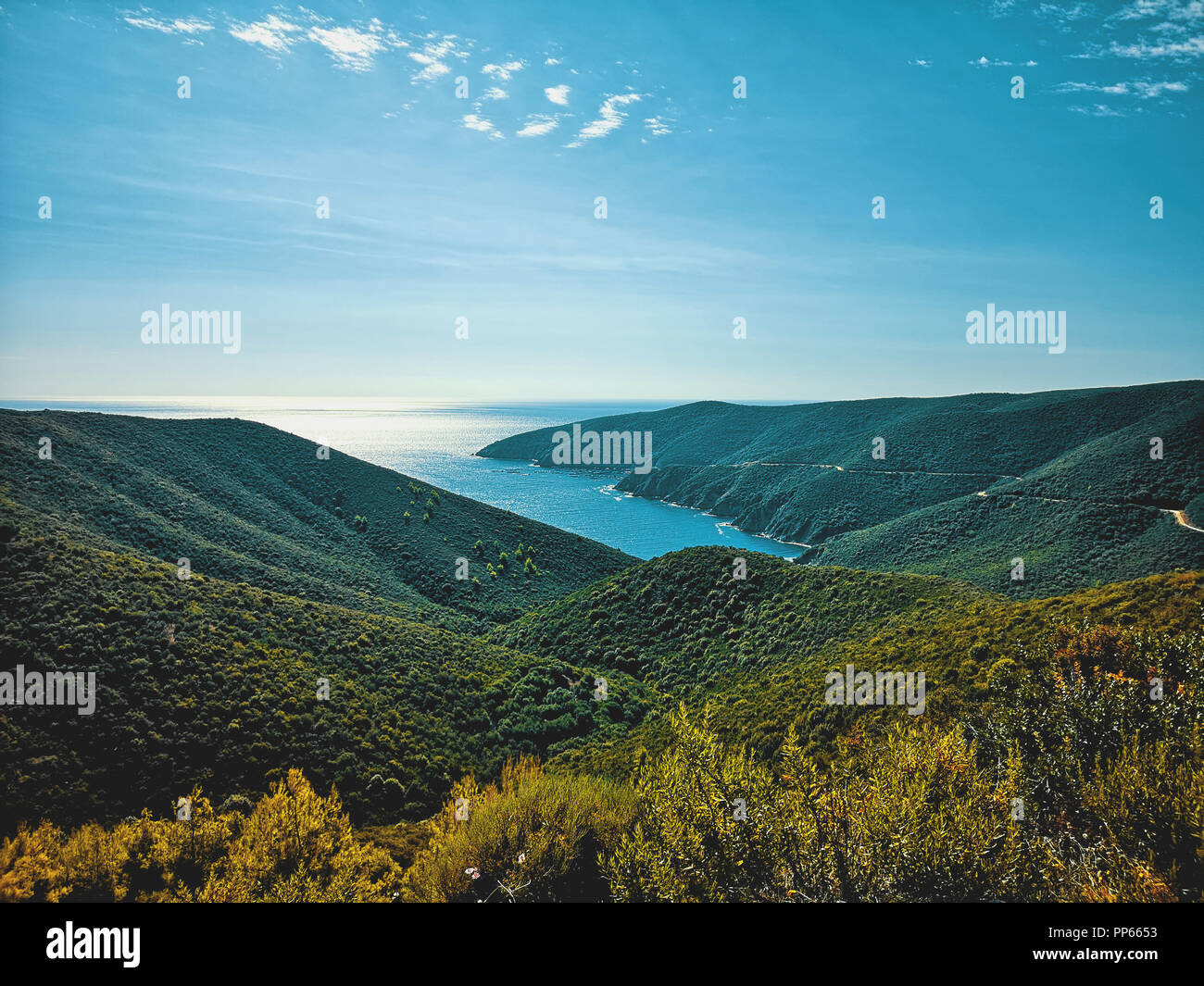 Tranquil bay at Kalamatsi in cinematic style, Chalkidiki, Greece Stock Photo