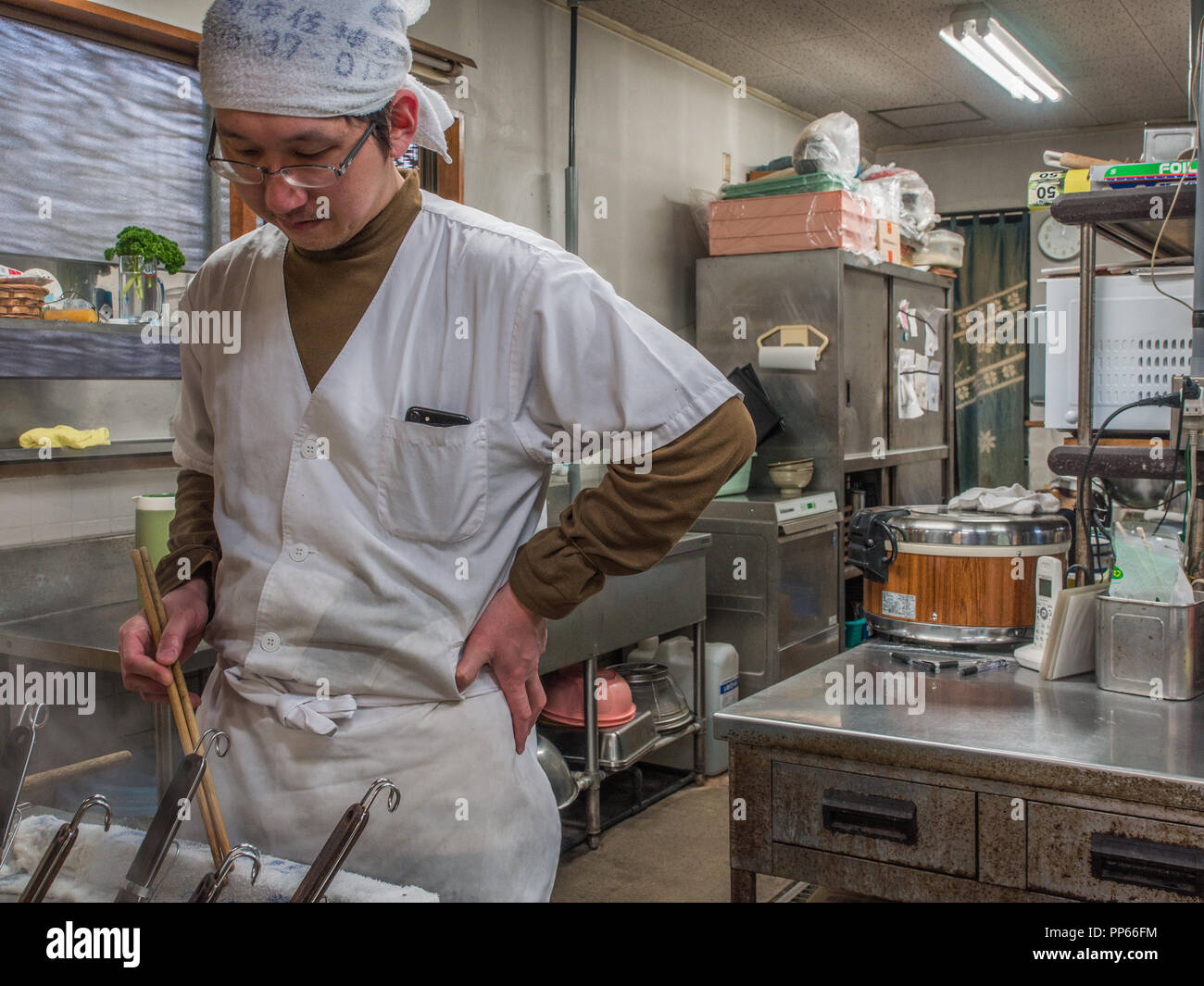 Chef cooking, udon restaurant, Usa, Oita, Japan Stock Photo