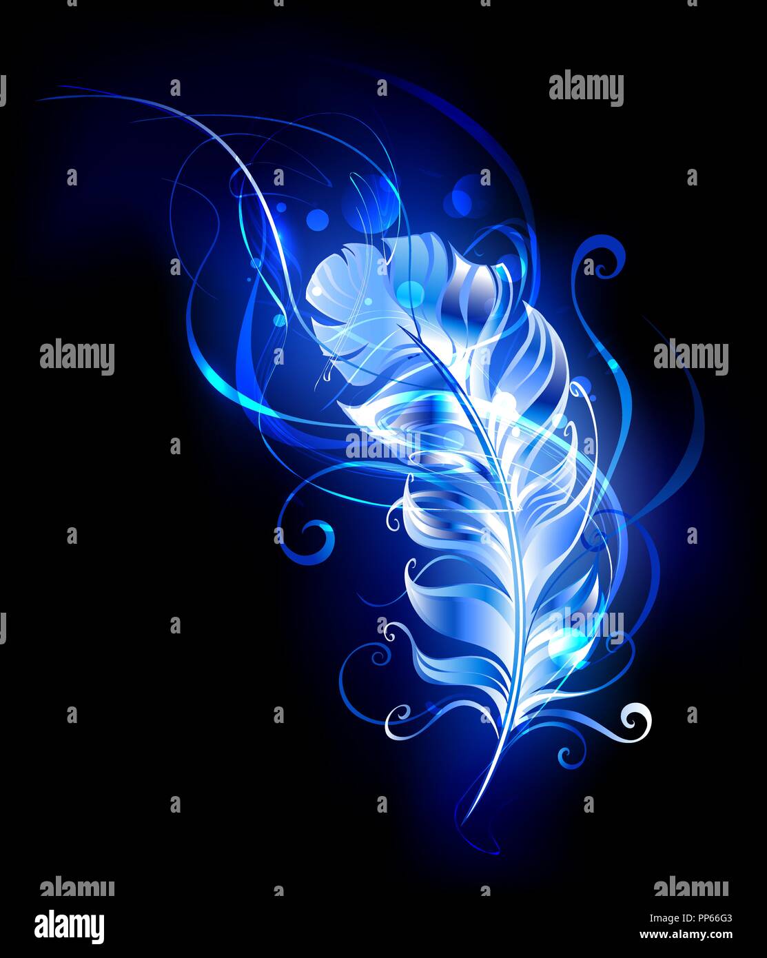 Fluffy, luminous feather from blue flame on black background. Stock Vector