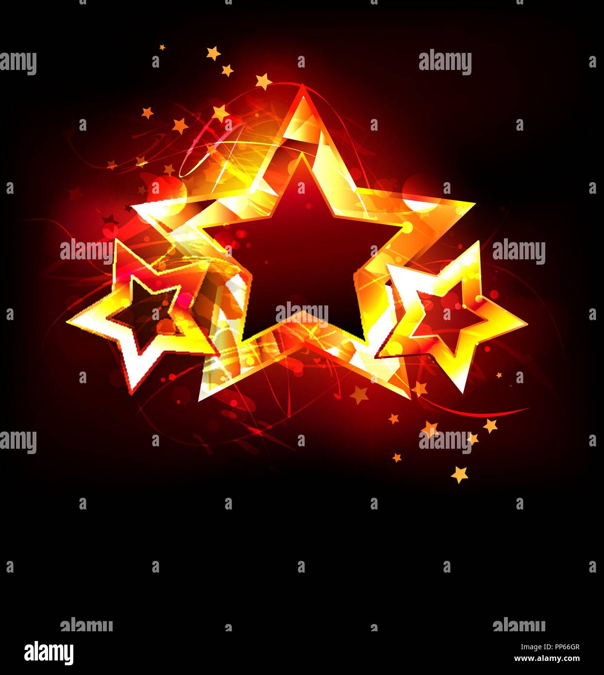 Three bright, hot, fiery stars on black background. Stock Vector
