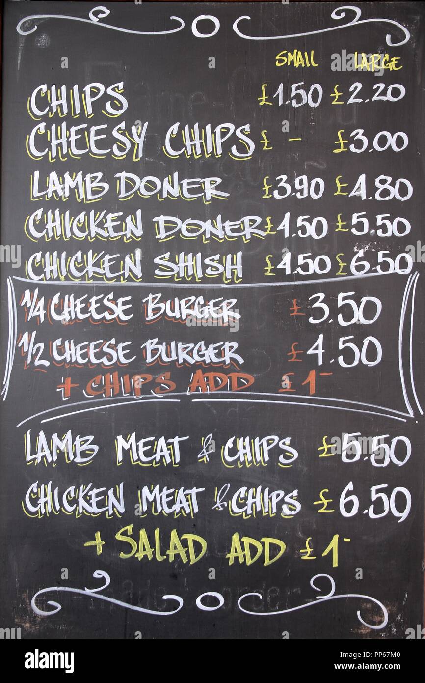 London, United Kingdom - outdoor restaurant food menu with chips, burgers and doners. Stock Photo