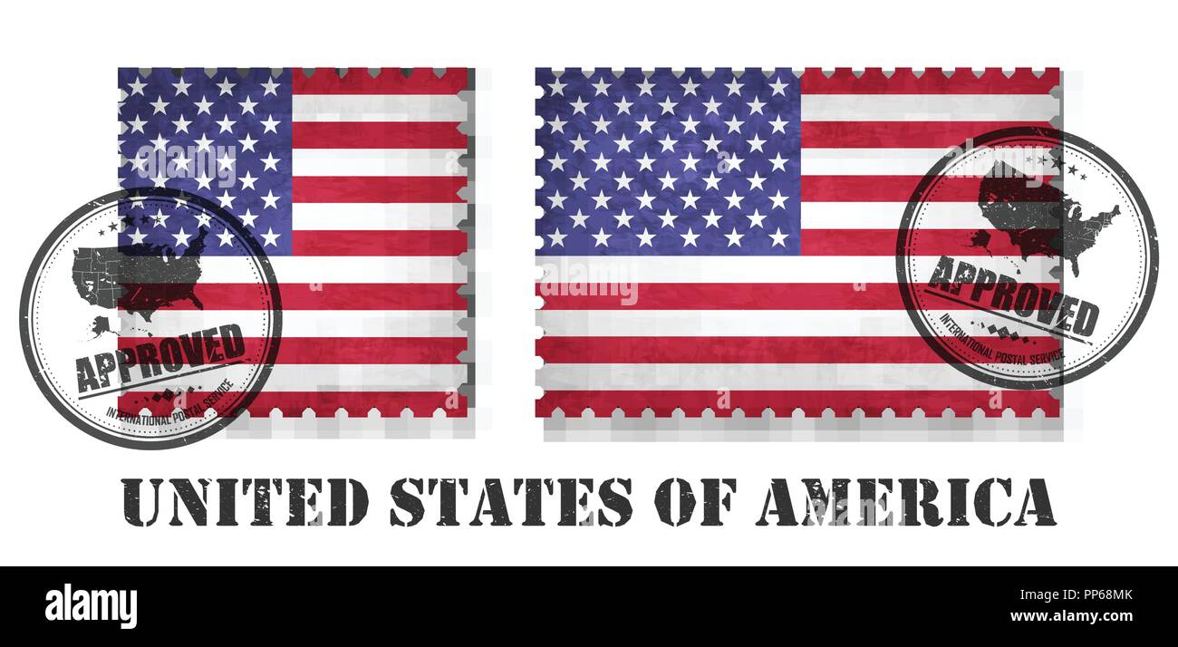 America or american flag pattern postage stamp with grunge old scratch texture and affix a seal on isolated background . Black color country name with Stock Vector