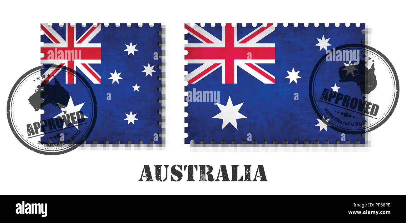 Australia or australian flag pattern postage stamp with grunge old scratch texture and affix seal on isolated background . Black color country name wi Stock Vector