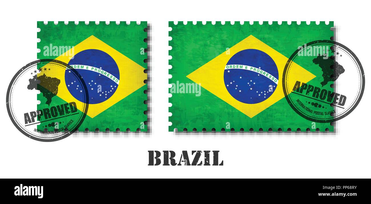 Brazil or brazilian flag pattern postage stamp with grunge old scratch texture and affix a seal on isolated background . Black color country name with Stock Vector