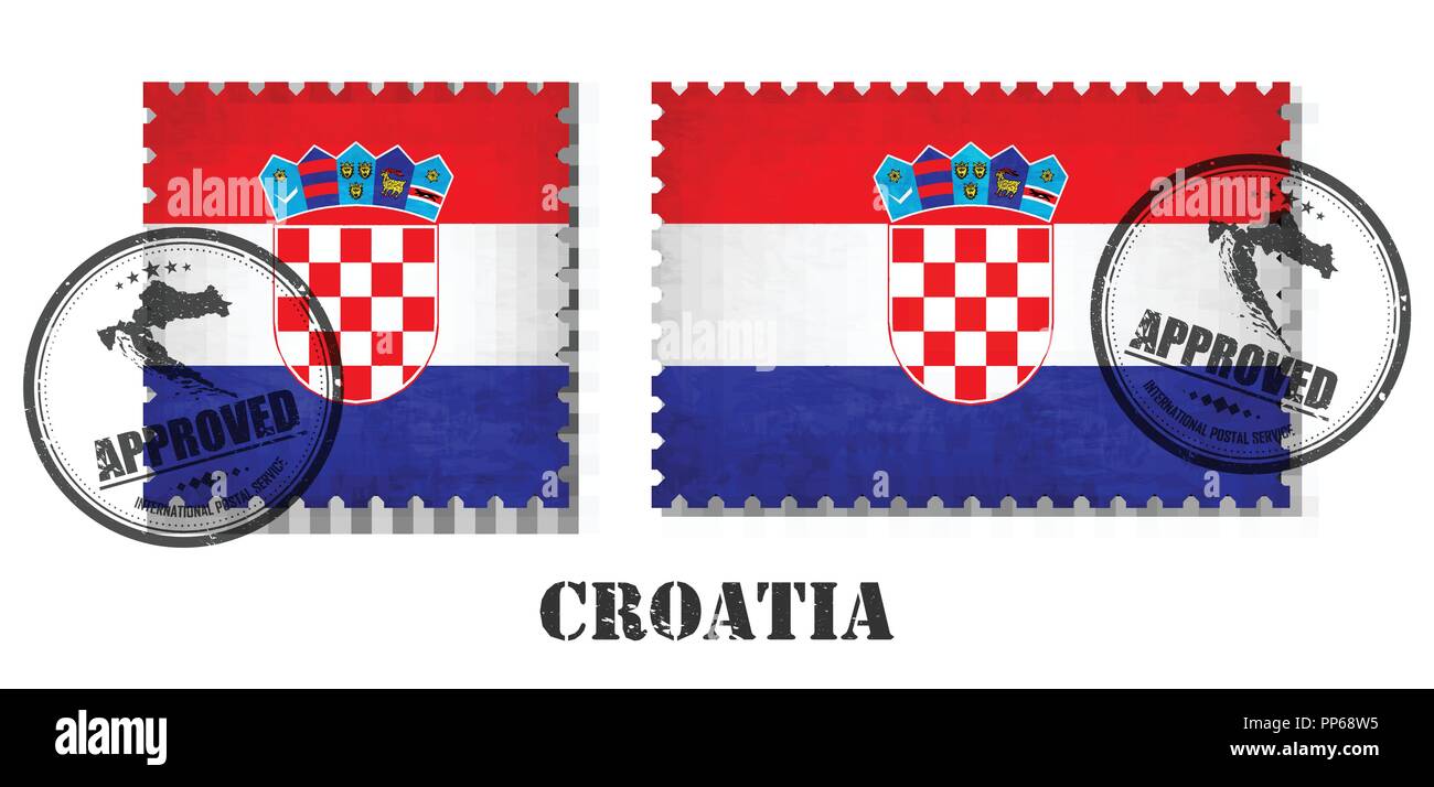 Croatia or croatian flag pattern postage stamp with grunge old scratch texture and affix a seal on isolated background . Black color country name with Stock Vector