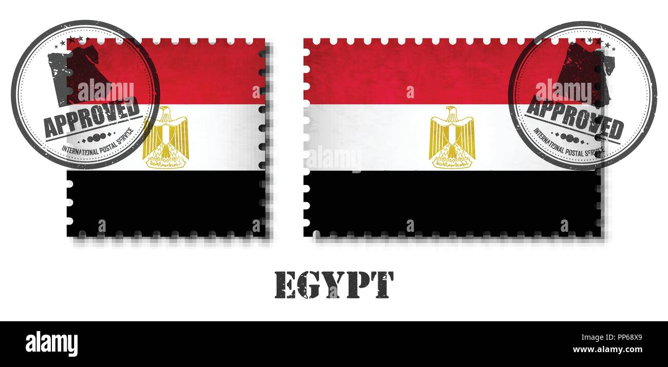 Egypt or egyptian flag pattern postage stamp with grunge old scratch texture and affix a seal on isolated background . Black color country name with a Stock Vector