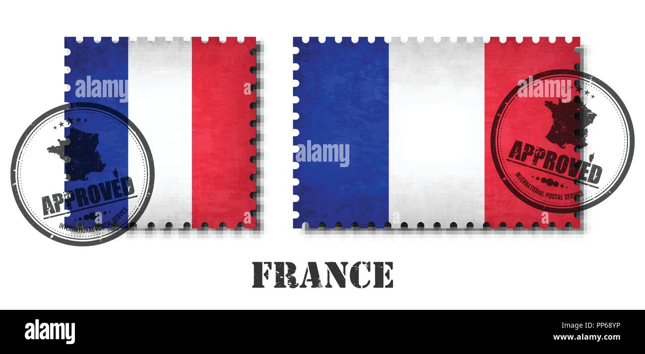 France or french flag pattern postage stamp with grunge old scratch texture and affix a seal on isolated background . Black color country name with ab Stock Vector