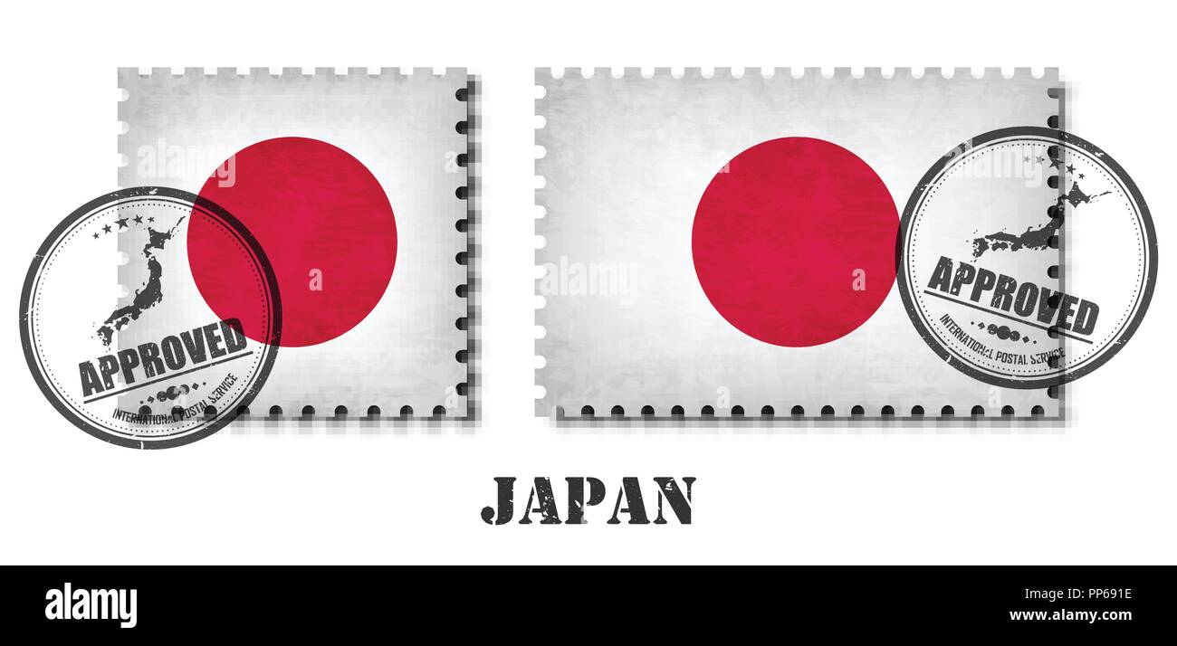 Japan or japanese flag pattern postage stamp with grunge old scratch texture and affix a seal on isolated background . Black color country name with a Stock Vector