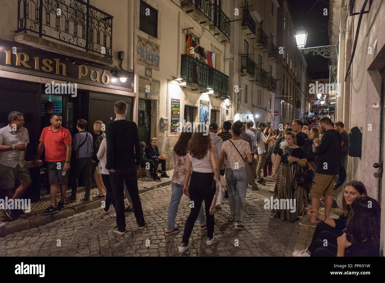 Lisbon Bairro Alto district, night scene, young people in week-end night party. Lisbon Portugal Stock Photo