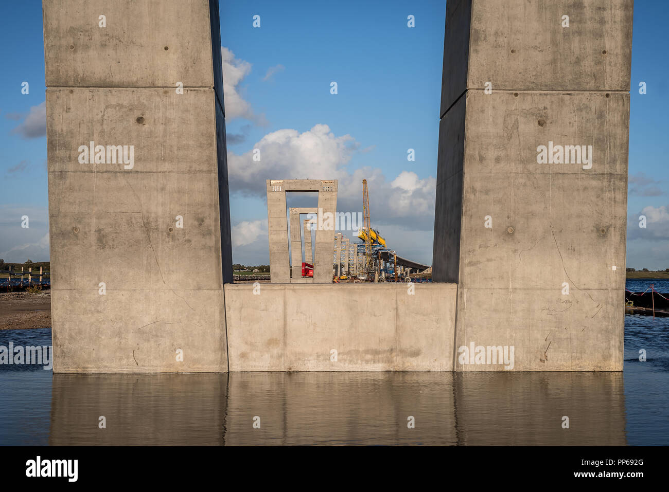 Concrete pylon at The Crown Princess Mary Bridge, a construction site in the water, Fredrikssund, Denmark, September 22, 2018 Stock Photo