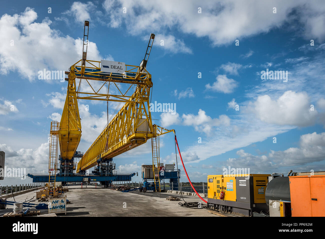 The crane at The Crown Princess Mary Bridge, a construction site in Fredrikssund, Denmark, September 23, 2018 Stock Photo