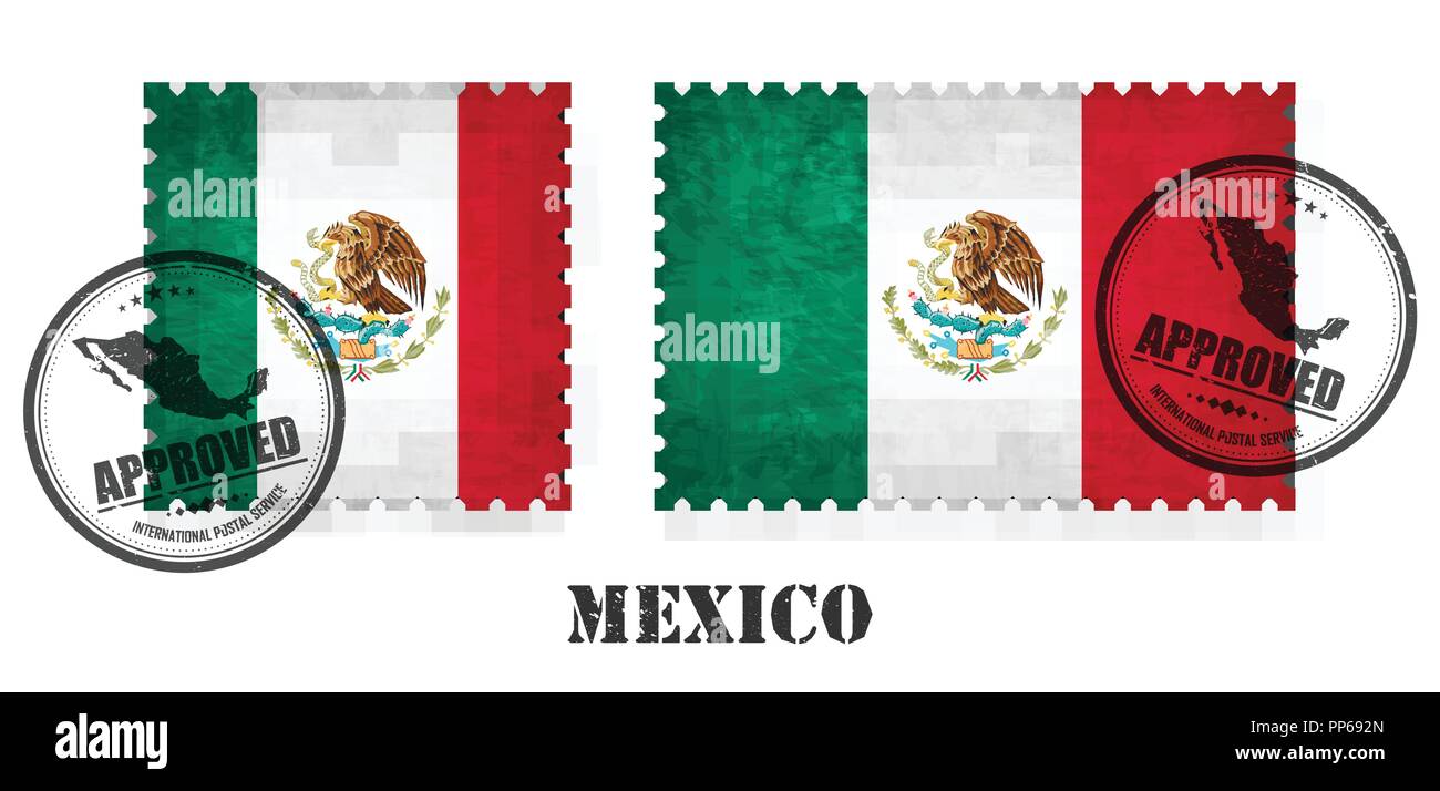Mexico or mexican flag pattern postage stamp with grunge old scratch texture and affix a seal on isolated background . Black color country name with a Stock Vector