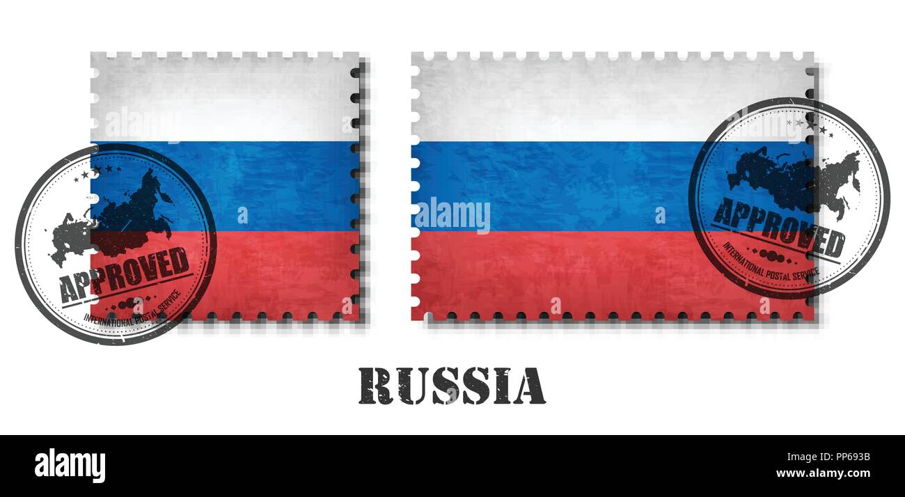 Russia or russian flag pattern postage stamp with grunge old scratch texture and affix a seal on isolated background . Black color country name with a Stock Vector
