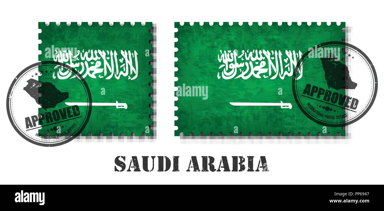 Saudi arabia flag pattern postage stamp with grunge old scratch texture and affix a seal on isolated background . Black color country name with abrasi Stock Vector