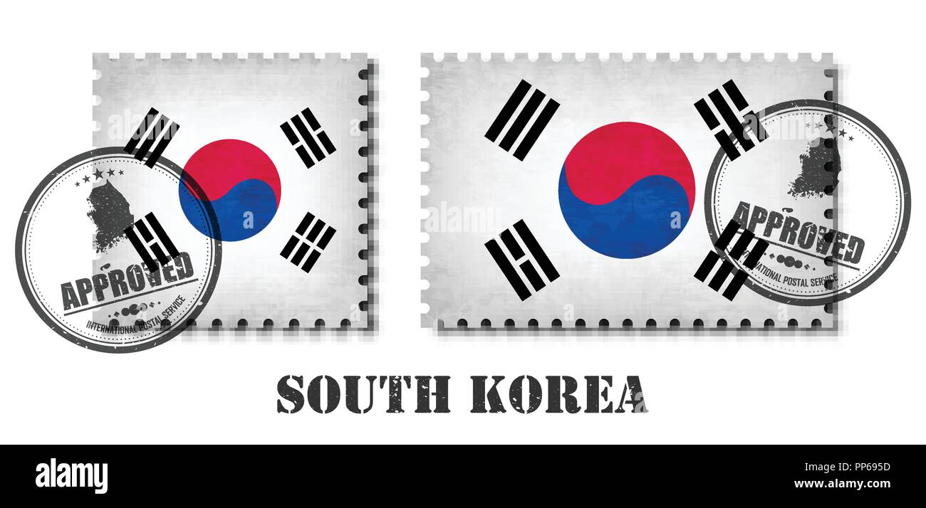 South korea flag pattern postage stamp with grunge old scratch texture and affix a seal on isolated background . Black color country name with abrasio Stock Vector