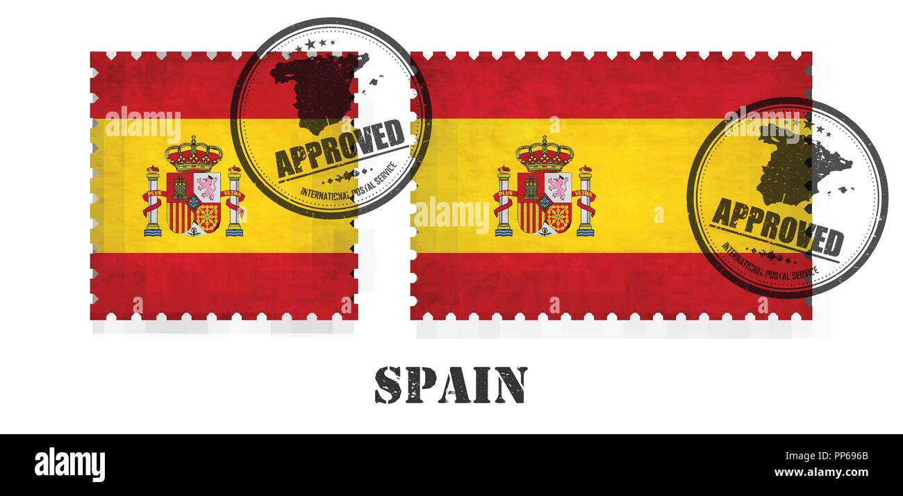 Spain or spanish flag pattern postage stamp with grunge old scratch texture and affix a seal on isolated background . Black color country name with ab Stock Vector
