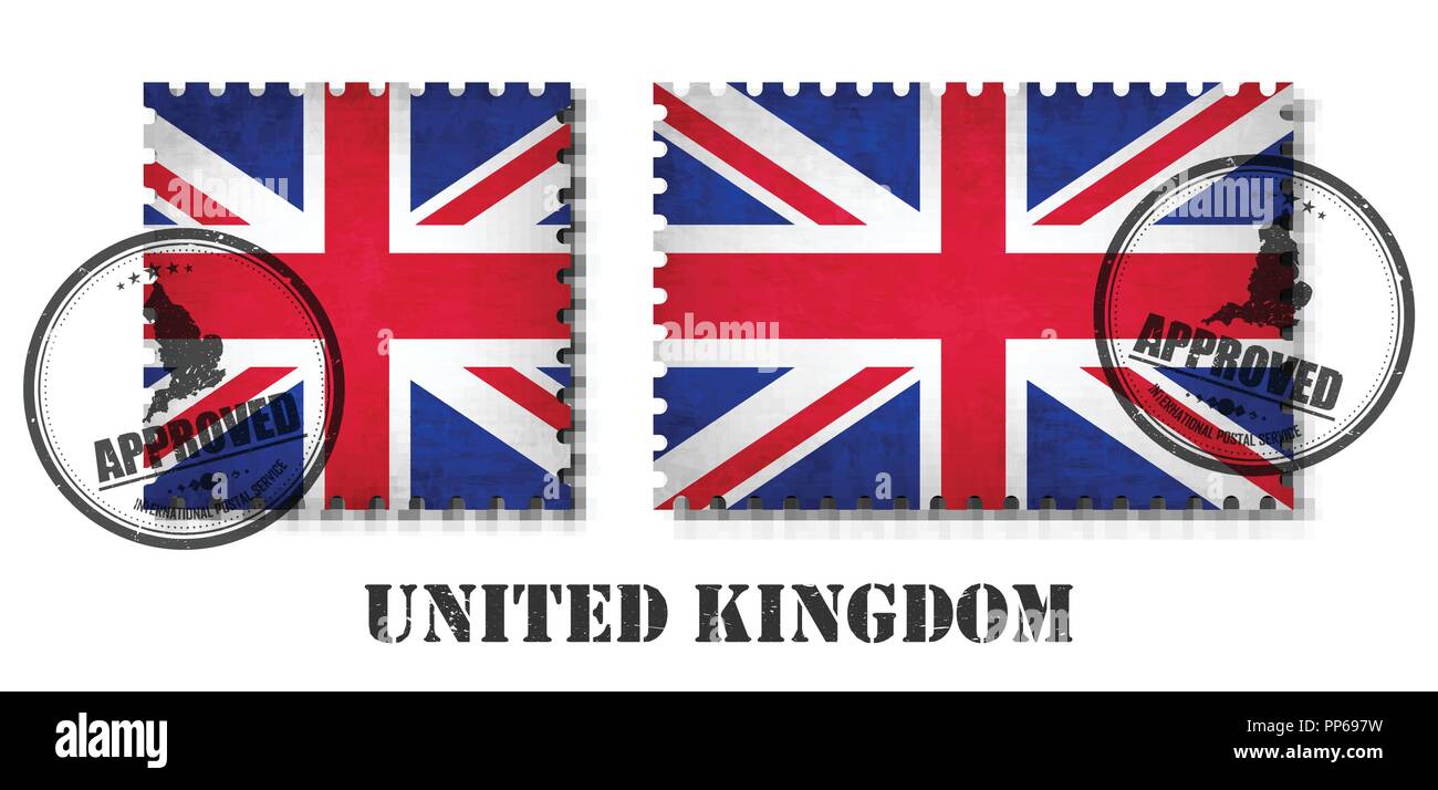 United kingdom of great britain flag pattern postage stamp with grunge old scratch texture and seal on isolated background . Black color country name  Stock Vector