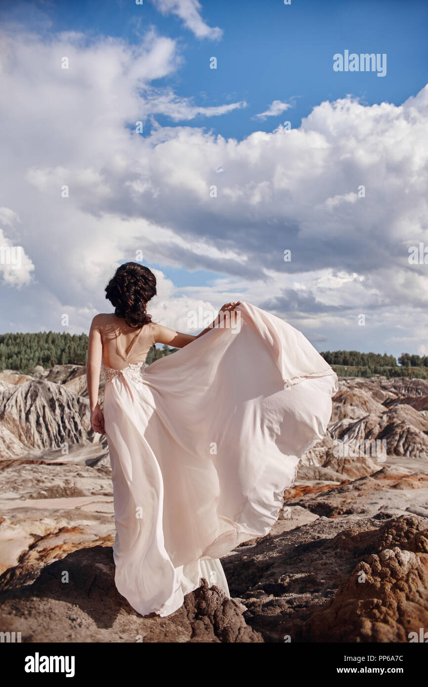 Brunette in pink dress stands on a cliff, the wind ruffles a dress, a ...