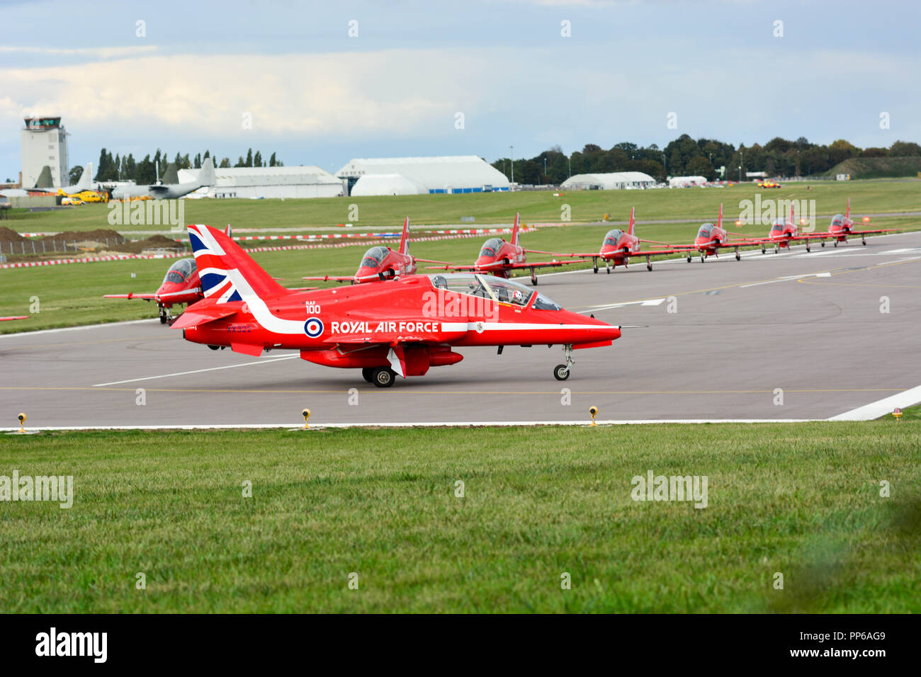 Cambridge UK, 2018September23. The red arrows departing Marshall Aerospace before their