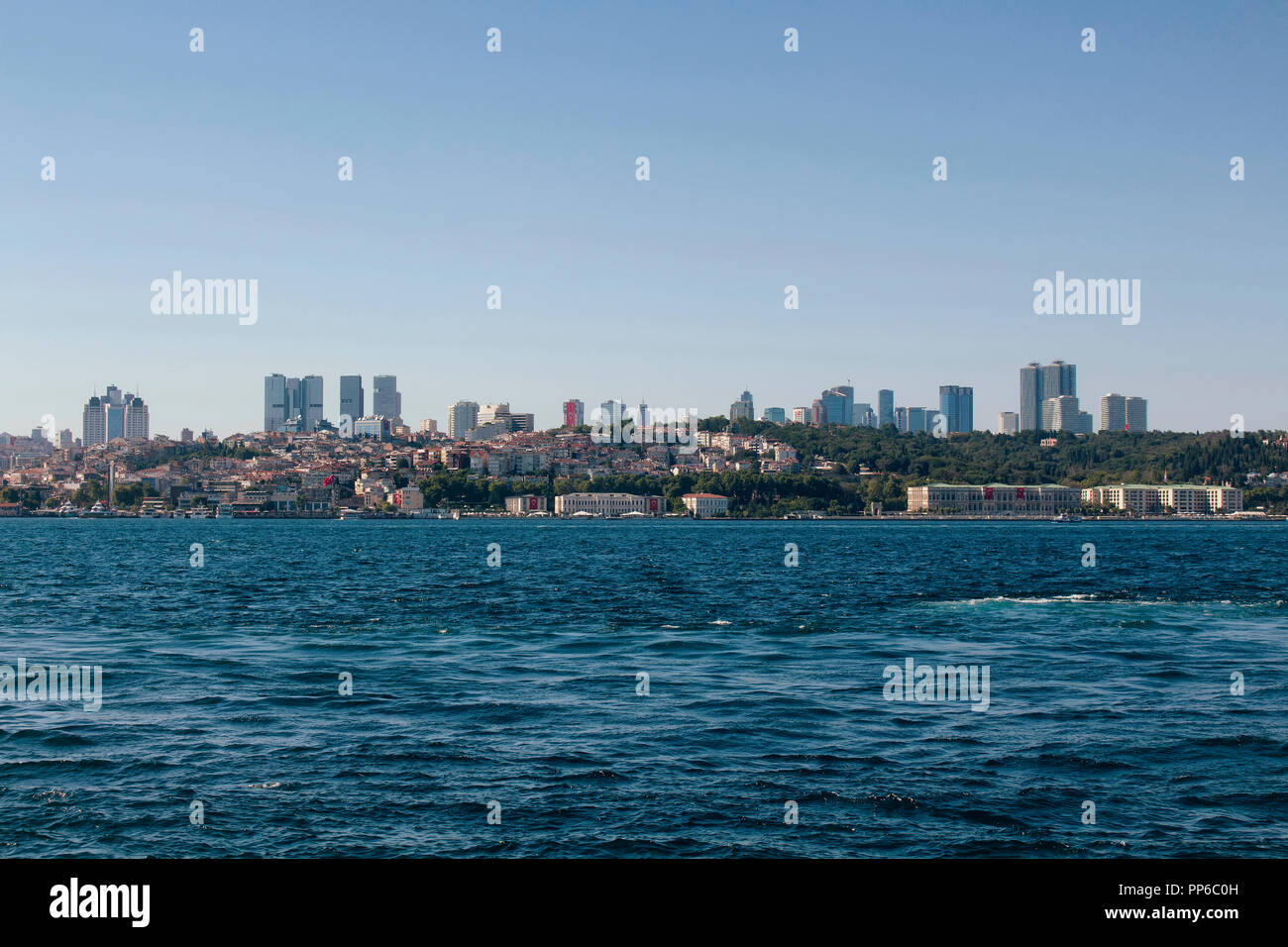 View of Bosphorus and European side in Istanbul. It is a sunny summer day. Skyscrapers are also in the view. Stock Photo