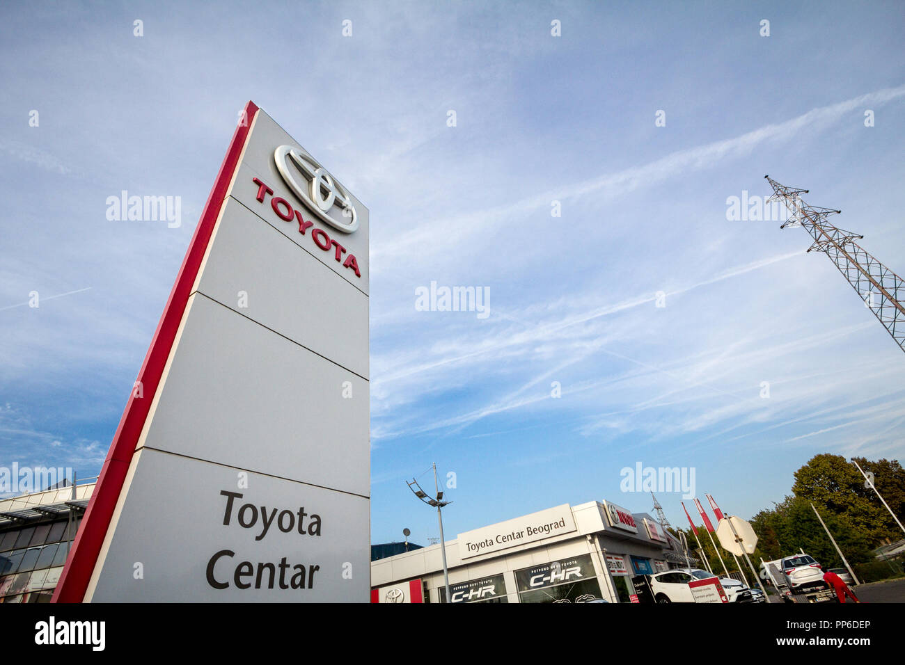 BELGRADE, SERBIA - SEPTEMBER 20, 2018: Toyota logo on their main dealership store Belgrade. Toyota is a Japanese car and automotive manufacturer, spre Stock Photo